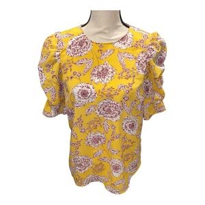 Adorable floral marigold yellow puff short sleeve blouse Alex Marie semi-sheer